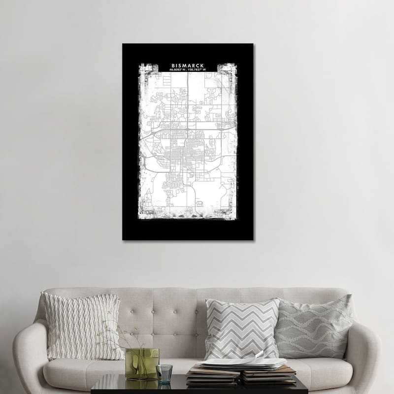 iCanvas "Bismarck, North Dakota City Map Black White Grey Style" by